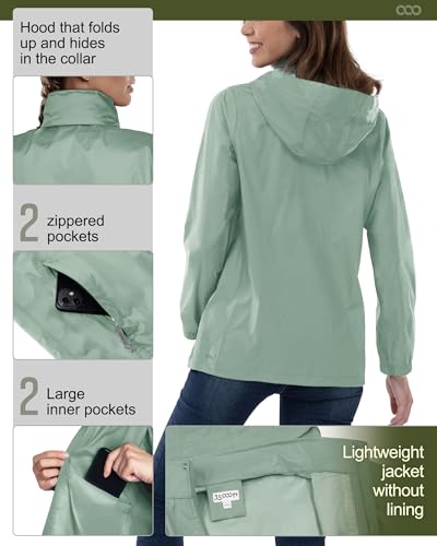 33,000ft Women’s Waterproof Rain Jacket - Lightweight Packable, Med, Light Green