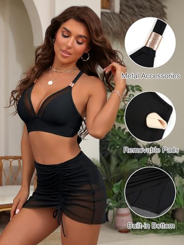 Blooming Jelly Women's High Waisted Bikini Sets Black Medium Tummy Control Swimsuit