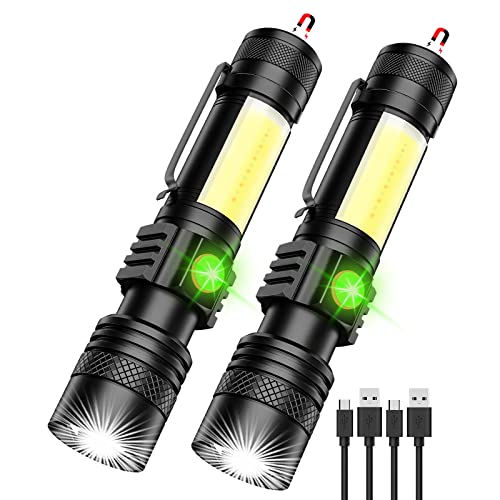 Rechargeable Flashlight, Super Bright LED Flashlight with COB sidelight, Zoomable, Waterproof, 4 Modes, Tactical Flashlight for Camping, Emergency