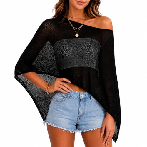 Women Sheer Crochet Mesh Beach Cover Up Shawl - One Size, Black