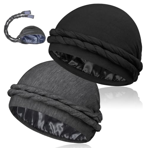 Satin Lined Turban Head Wraps for Men - 2 Pcs Black & Dark Gray