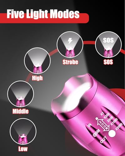 Victoper Pink LED Flashlight 2 Pack Waterproof Zoomable Tactical Torch, 5 Modes for Camping & Outdoors