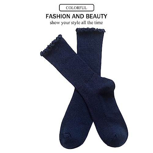 Cute Ruffle Crew Socks for Women - Navy Blue, One Size