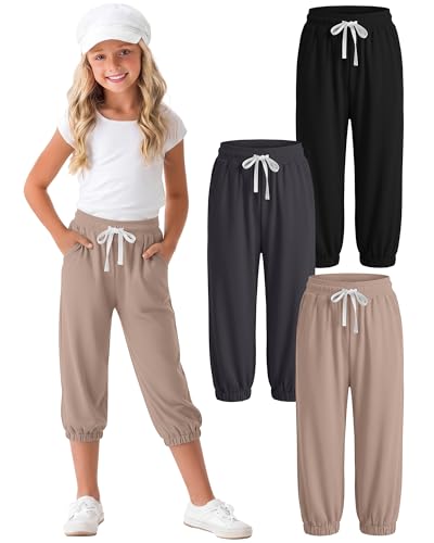 Girls Capri Joggers - 3 Pack Crop Pants, Black+Khaki+Dark Gray, 9-10 Years