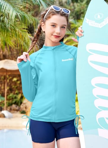 Girls Rash Guard UPF 50+ Zip Up Swim Jacket - Light Blue & White, 8 Years