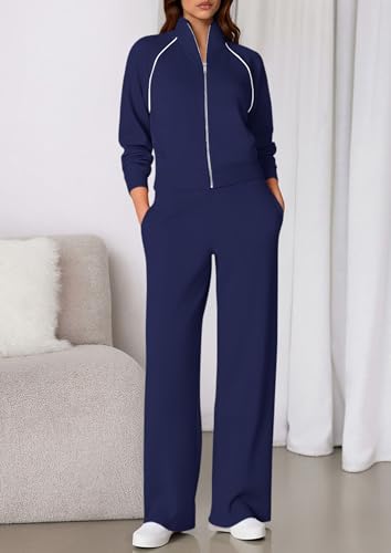 PRETTYGARDEN Women's 2-Piece Navy Blue Lounge Sweatsuit Set - Large