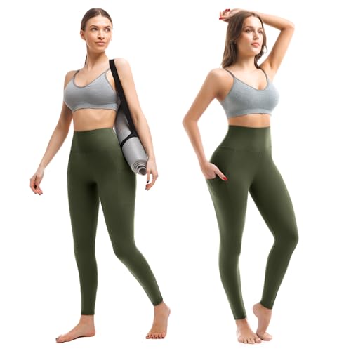 Walifrey Full Length Green Leggings with Pockets for Women - XL