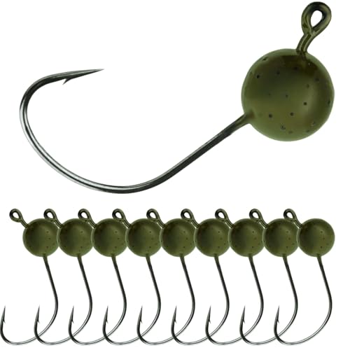 Reaction Tackle Wacky Jig Heads for Bass Fishing - Green Pumpkin 1/8 Oz - Durable & Sharp Hooks, Finesse & Wacky Rigging (10-Pack)