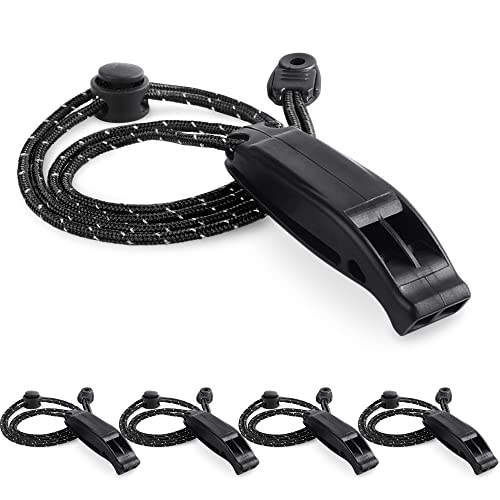 4-Pack Emergency Survival Whistles with Reflective Lanyard - Black