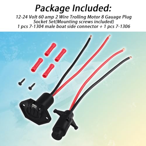12-24V Trolling Motor Plug Socket Set, 8 Gauge Wire, 2-Wire 60A Marine Connector
