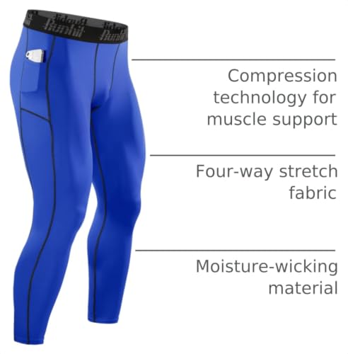 Mens Compression Tights with Pockets - Blue Black Line, Large