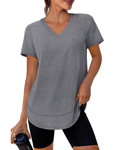 Womens Short Sleeve Workout Top - Sun Protection UPF 50+ - Grey, X-Large
