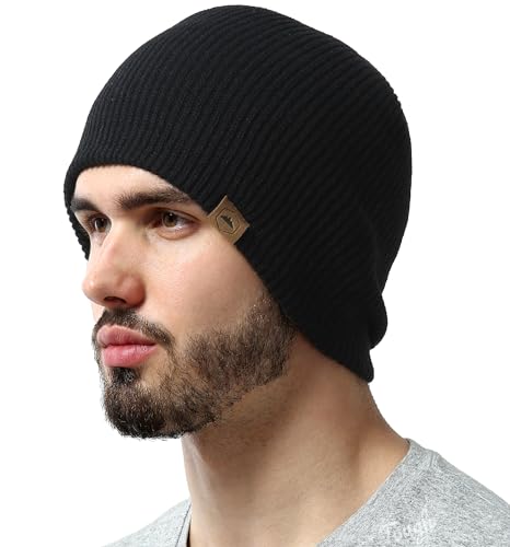 Ribbed Beanie Hat - Stretch Fit Knit Cap for Men & Women - One Size, Black
