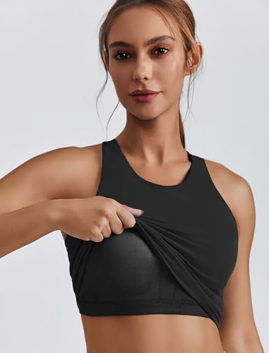 PINSPARK Racerback High-Neck Sport Bra for Women, Medium, Black