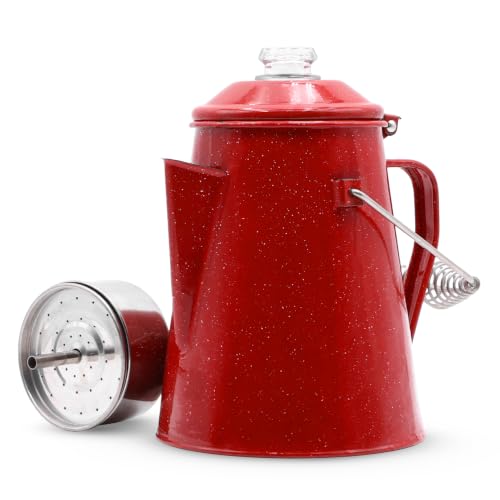 GRIP Deluxe Camping Percolator Coffee Pot, Red – 10 Cup, Glazed Enamel