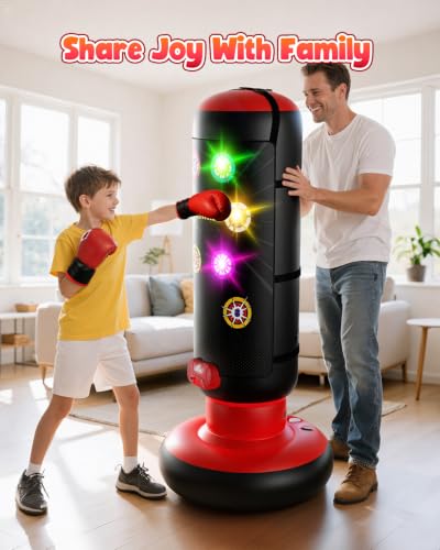 HopeRock Red Kids Boxing Punching Bag Set with Gloves, Light, Music, 4 Game Modes
