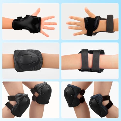Kids Safety Gear Set - Knee & Elbow Pads with Wrist Guards - Black, Size S (3-7 Years)