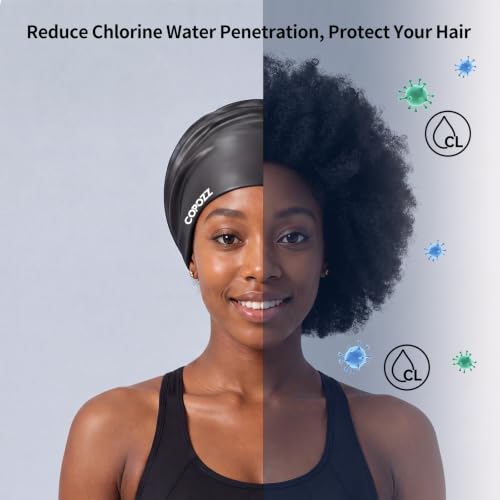 COPOZZ Black Extra Large Swim Cap for Braids & Long Hair - Comfortable Silicone Design