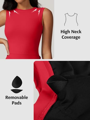 ATTRACO Women's Sleeveless Tennis Dress - Red Small Side Slit Workout Romper