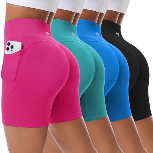 Evercute Women's 5" Seamless Scrunch Butt Lifting Gym Shorts with Pockets - X-Large, Black, Pine Green, French Blue, Magenta Pink, 4 Pack