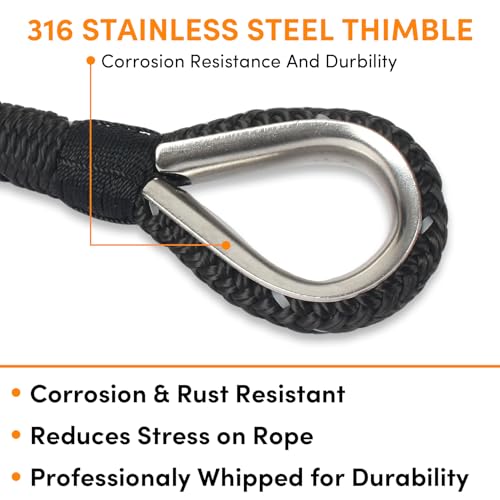 ORLANG 1/2 Inch x 100 Ft Double Braided Marine Anchor Rope with Reflective Strip, Stainless Steel Thimble & Shackle for Boating & Mooring, Black