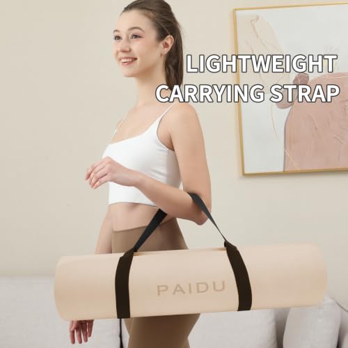 Extra Thick Yoga Mat 10mm - Non-Slip Fitness Mat with Carry Strap - Beige & Black - 72"x24"