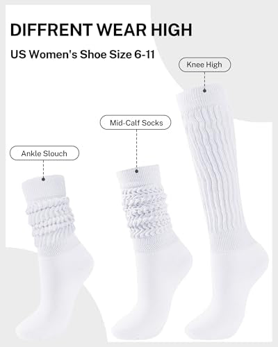 Knee High Slouch Socks for Women - Long Tube Scrunch - White