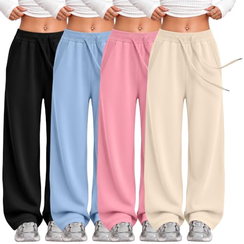 Girls' Wide Leg Sweatpants with Pockets - 4 Pack, Apricot Beige, Grapefruit, Sky Blue, Black, Large | Kids Activewear