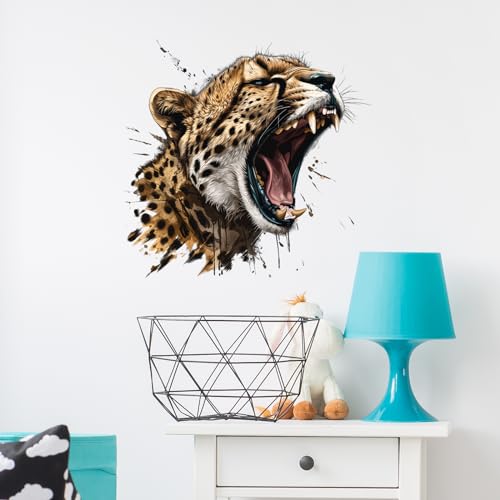 Lifelike Roaring Cheetah Wall Decal Nursery Animal Leopard Wall Sticker Removable Peel and Stick Wall Art Decor Decoration for Kid Baby Preschool Living Room Playing Room Bedroom School