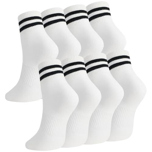 Women's White Crew Socks 6 Pairs - Casual Striped Trim, Breathable Cotton Blend, One Size