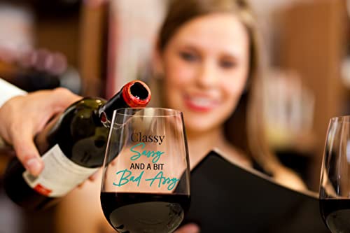 Classy Sassy Funny Wine Glass 15 oz Stemless Gift for Women Men - USA Made