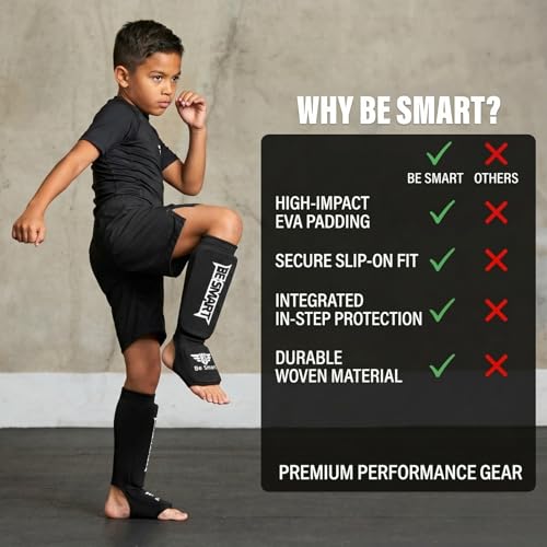 Be Smart Kids Muay Thai Shin Guards Instep Guard XXXS Black (3-8 Years) - MMA Sparring Gear