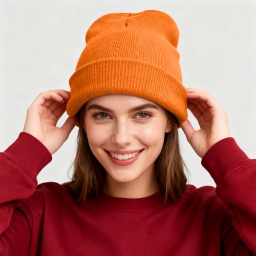 Winter Beanie Hat for Men & Women - Soft Knit Cuffed - Orange