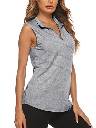 Koscacy Women's Grey Sleeveless Golf & Tennis Polo Shirt, Zip Up, Dry Fit Workout Tank Top - Large