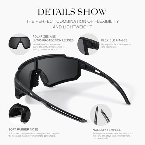 Polarized Sport Sunglasses with UV400 Protection - Lightweight TR90 Frame