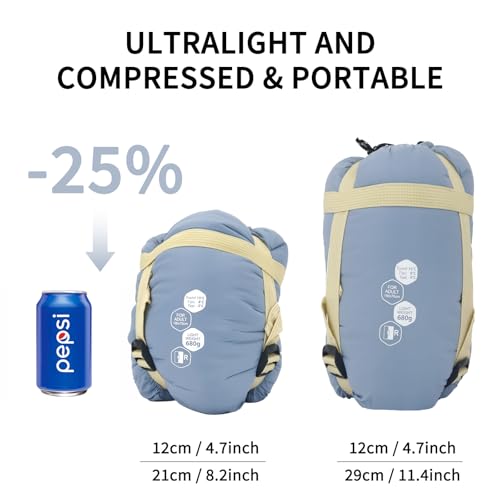 NewDoar Ultralight Sleeping Bag for Warm Weather - Blue, Medium Fit (5'7" & Under), 50-70°F