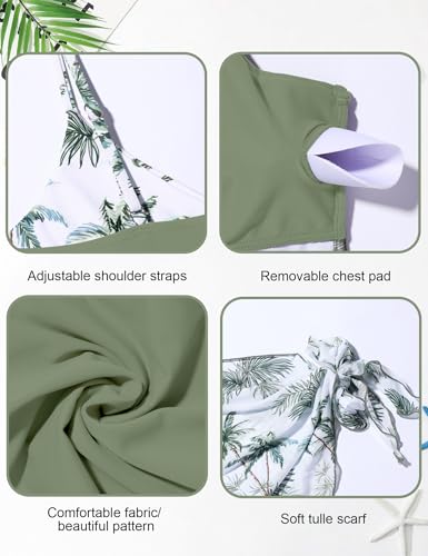 Girls Tankini Swimsuit U-Neck Tropical Print 2-Piece - Green Tropical / 9-10 Years
