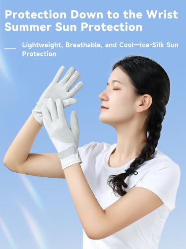 UPF 50+ UV Protection Gloves - Ice Silk Cooling Touchscreen - Gray-White