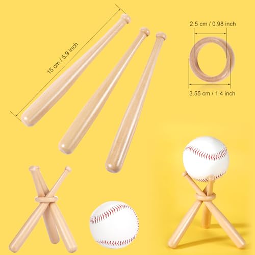 Baseball Display Stand Wooden Holder with 2 Mini Bats & Rings