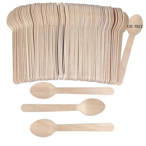 100 Pack Disposable Wooden Spoons - 6.3 Inch Eco-Friendly Cutlery