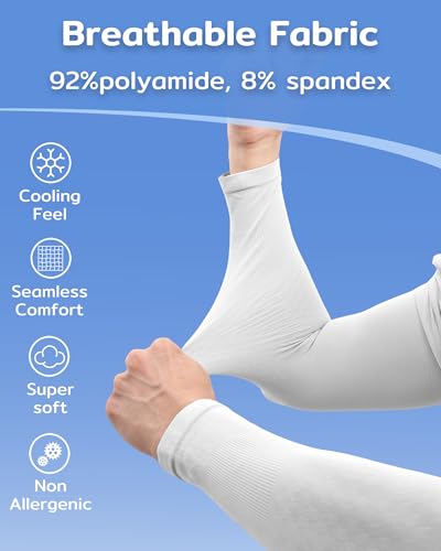 KMMIN UV Protection Arm Sleeves for Cycling, Driving, Golf, Basketball - White + White