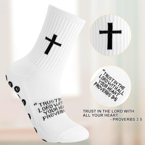 White 3:5 / 4 Christian Bible Verse Cross Print Socks - 4 Pairs, Anti-Slip Grip