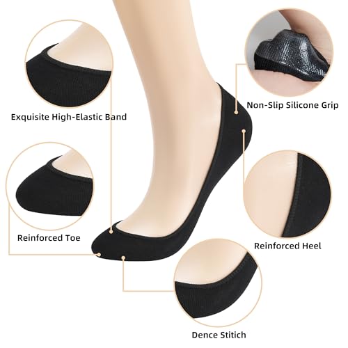 12 Pairs Women's No Show Socks - Ultra Low Cut Invisible Non-Slip Socks, 5-8 Size, Black/Nude/White