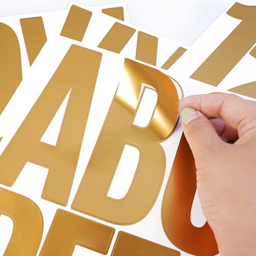 5 Inch Gold Letter Stickers Large, 12 Sheets 122 Pcs Big Alphabet Number Stickers,Vinyl Self Adhesive Letter and Number Decals for Party Decor Poster Board Home Wall Decor Bulletin Board (Gold)