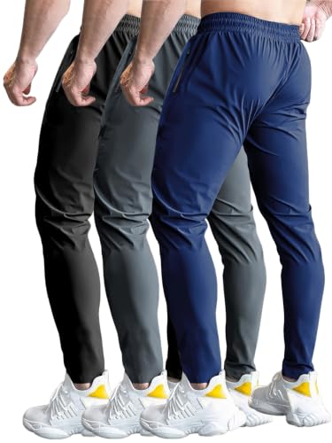 XYXYING Men's Lightweight Stretch Sweatpants with Zippered Pockets - Large Pack (Black, Grey, Blue) - 3 Pack