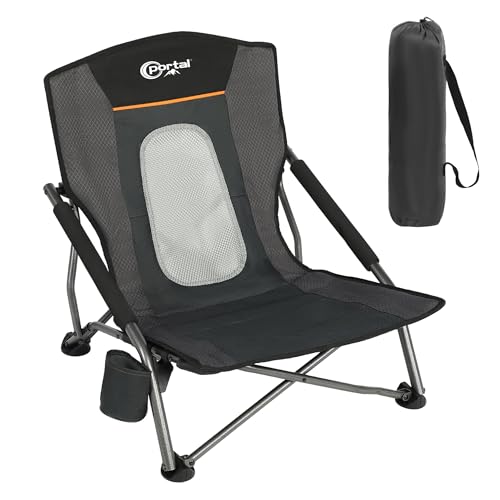 Portal Beach Chair for Adults Standard Back Black – Lightweight Folding Camping Chair with Cup Holder