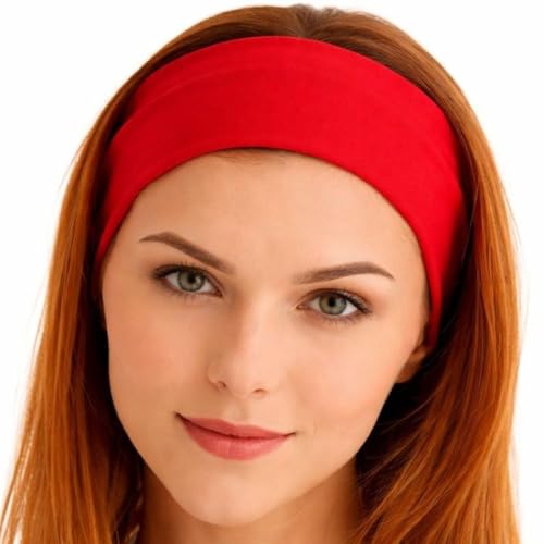 Soft Cotton Stretchy Headband - Non-Slip Sweat Band - Red