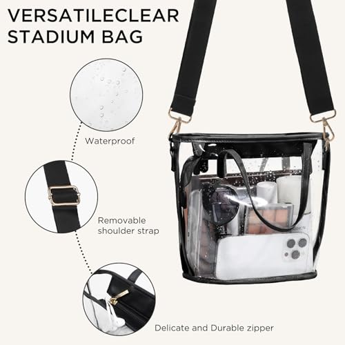 Clear Tote Bag for Women - Stadium Approved with Adjustable Straps - Black