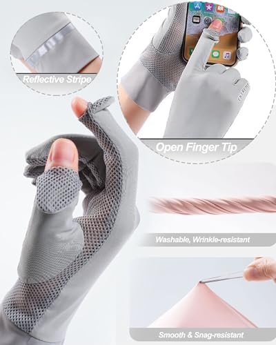 UPF 50+ Sun Protection Gloves for Women - Breathable Ice Silk - Grey, Medium