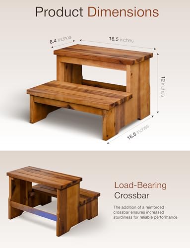 16.5-Inch Acacia Wood Step Stool - Heavy Duty Support Up to 300LBS, Variation: Acacia / 16.5" Width